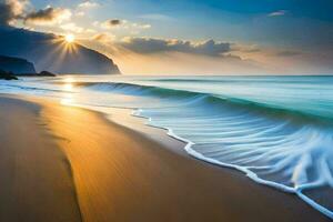 le Soleil monte plus de le océan vagues à le coucher du soleil. généré par ai photo