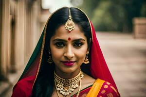 une magnifique Indien femme portant une rouge sari et or bijoux. généré par ai photo