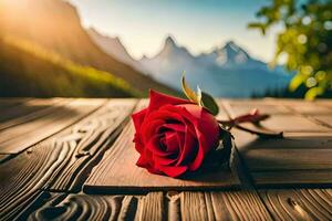 une Célibataire rouge Rose est assis sur une en bois table dans de face de montagnes. généré par ai photo