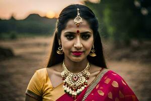 magnifique Indien femme dans traditionnel sari. généré par ai photo