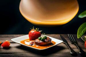 une assiette avec des fraises et sauce sur il. généré par ai photo