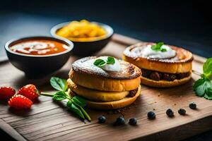 deux des sandwichs avec fromage et sauce sur une en bois Coupe planche. généré par ai photo