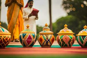 une couple dans traditionnel Indien Vêtements sont permanent suivant à coloré marmites. généré par ai photo