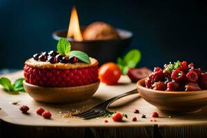 deux boules de dessert avec baies et épices. généré par ai photo