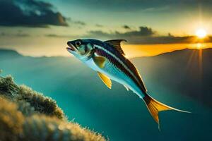 une poisson sauter en dehors de le l'eau à le coucher du soleil. généré par ai photo