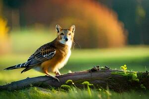 une oiseau est séance sur une Journal dans le herbe. généré par ai photo