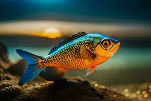 une poisson avec brillant couleurs sur le plage. généré par ai photo