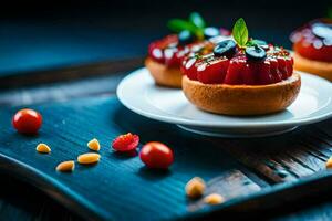 petit tartes avec tomates et basilic sur une en bois tableau. généré par ai photo