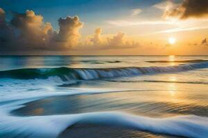 le Soleil ensembles plus de le océan et vagues. généré par ai photo