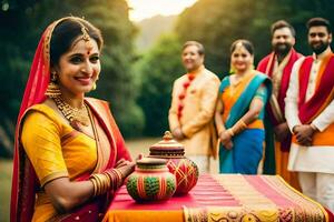 Indien mariage la cérémonie avec la mariée et jeune marié. généré par ai photo