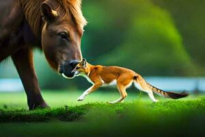 une Renard et une cheval dans une champ. généré par ai photo