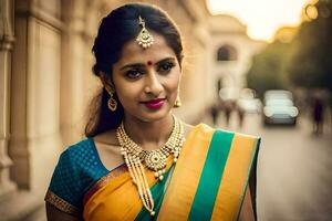 une magnifique femme dans une Jaune et vert sari. généré par ai photo