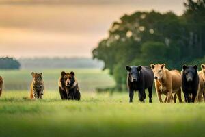 une groupe de animaux sont en marchant dans une champ. généré par ai photo