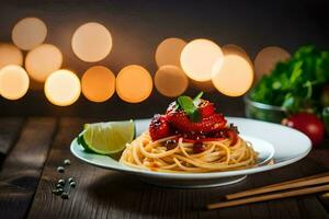 spaghetti avec tomate et basilic sur une plaque. généré par ai photo