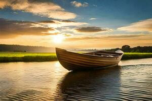 une bateau sur le rivière à le coucher du soleil. généré par ai photo