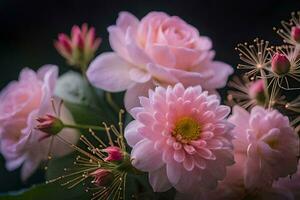 rose fleurs sont dans une vase avec vert feuilles. généré par ai photo