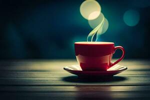 une rouge tasse de café sur une en bois tableau. généré par ai photo