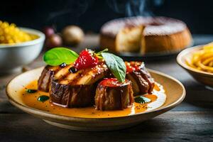 une assiette de nourriture avec Viande et des légumes. généré par ai photo