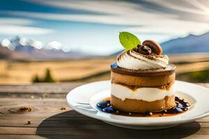 une dessert sur une assiette avec une Montagne voir. généré par ai photo