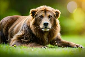 une Lion pose sur le herbe. généré par ai photo