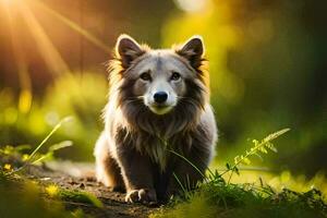 une chien séance dans le herbe avec le Soleil brillant. généré par ai photo