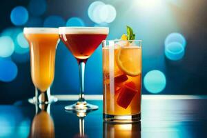 Trois différent des cocktails sur une table avec une brillant Contexte. généré par ai photo