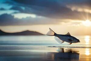 une poisson est sauter en dehors de le l'eau à le coucher du soleil. généré par ai photo