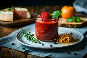 une verre pot avec tomate sauce et une tranche de fromage. généré par ai photo