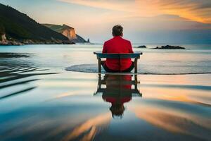 une homme séance sur une banc à le plage. généré par ai photo
