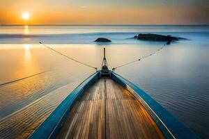 une bateau est amarré à le rive de une plage à le coucher du soleil. généré par ai photo