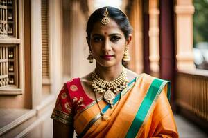 une magnifique Indien femme portant une traditionnel sari. généré par ai photo
