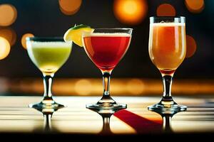 Trois différent des cocktails sont montré dans une ligne. généré par ai photo