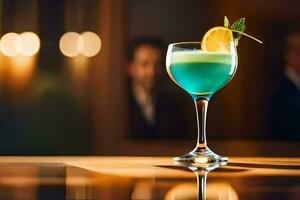 une bleu cocktail avec une citron tranche sur Haut. généré par ai photo