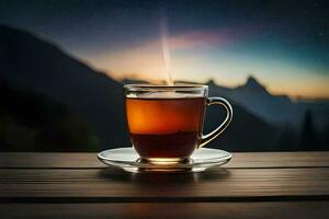 une tasse de thé sur une en bois table dans de face de une Montagne voir. généré par ai photo