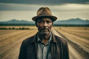 une homme dans une chapeau permanent dans une champ. généré par ai photo