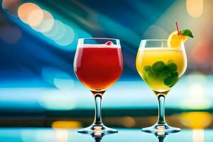 deux des lunettes de des cocktails avec coloré les boissons sur une tableau. généré par ai photo