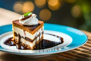 une pièce de gâteau sur une assiette avec Chocolat sauce. généré par ai photo