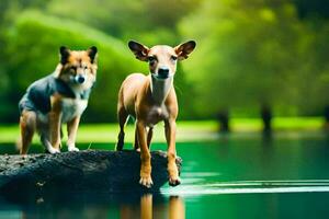 deux chiens permanent sur une Journal dans de face de une lac. généré par ai photo