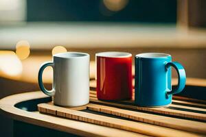 Trois café des tasses sur une en bois tableau. généré par ai photo