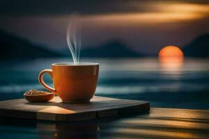 café, le soleil, lever du soleil, le mer, le horizon, le horizon, le horizon. généré par ai photo