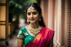 une magnifique Indien femme dans une rose sari. généré par ai photo