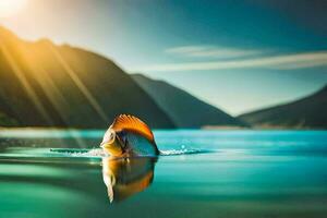 une poisson nager dans le l'eau avec le Soleil brillant. généré par ai photo