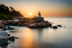 le Soleil ensembles plus de une phare sur le rochers. généré par ai photo