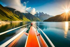 une bateau est en voyageant vers le bas une Lac avec montagnes dans le Contexte. généré par ai photo