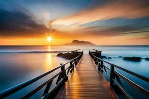 une en bois pont pistes à le océan à le coucher du soleil. généré par ai photo