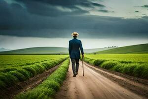 une homme dans une costume des promenades vers le bas une saleté route dans une champ. généré par ai photo