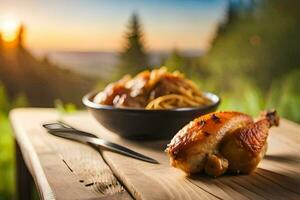 poulet et Pâtes sur une en bois tableau. généré par ai photo