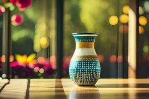 une vase séance sur une table dans de face de une la fenêtre. généré par ai photo