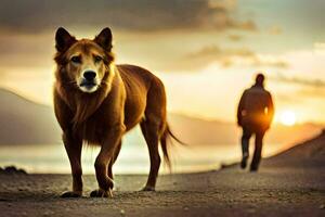 une chien en marchant sur le plage à le coucher du soleil. généré par ai photo