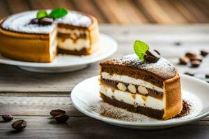 deux tranches de gâteau sur blanc assiettes avec café haricots. généré par ai photo